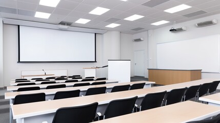 Illustration of well lit spacious hall for lectures and presentations. Classroom with whiteboard indoor background. AI generative image.