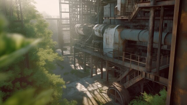 Abandoned and ruined factory building with wild plants. Industrial post apocalyptic background. AI generative image.