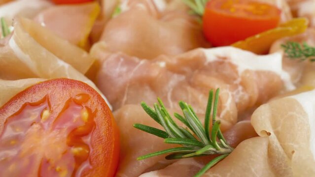 Dry-cured ham. Slices of pork dried ham, italian aged prosciutto crudo.