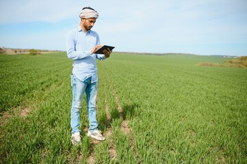 worry less ,indian farmer standing in his healthy wheat field