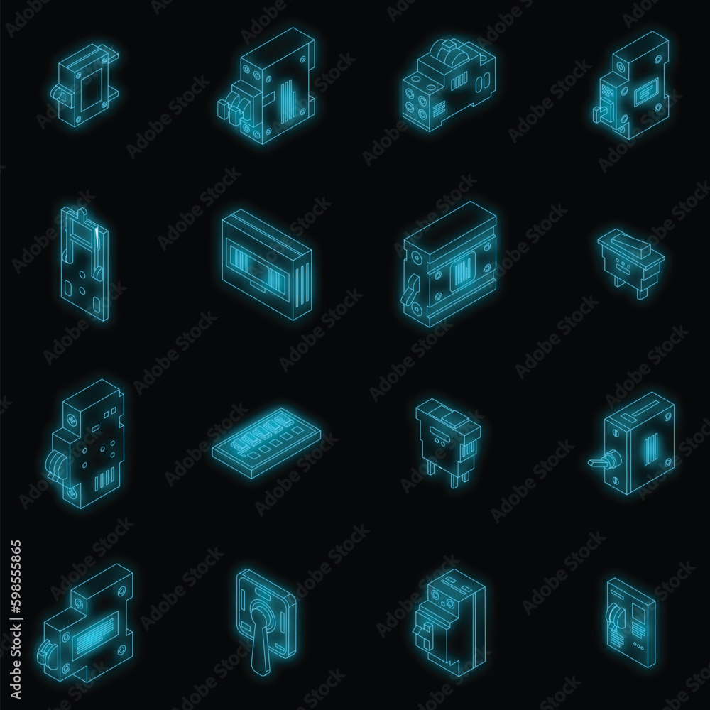 Poster breaker switch icons set. isometric set of breaker switch vector icons neon color on black