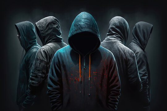 Gang members in hoodies on dark background, illustration generative AI