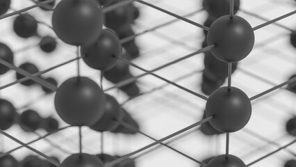 Abstract black and white illustration of a molecular lattice close-up. 3d render