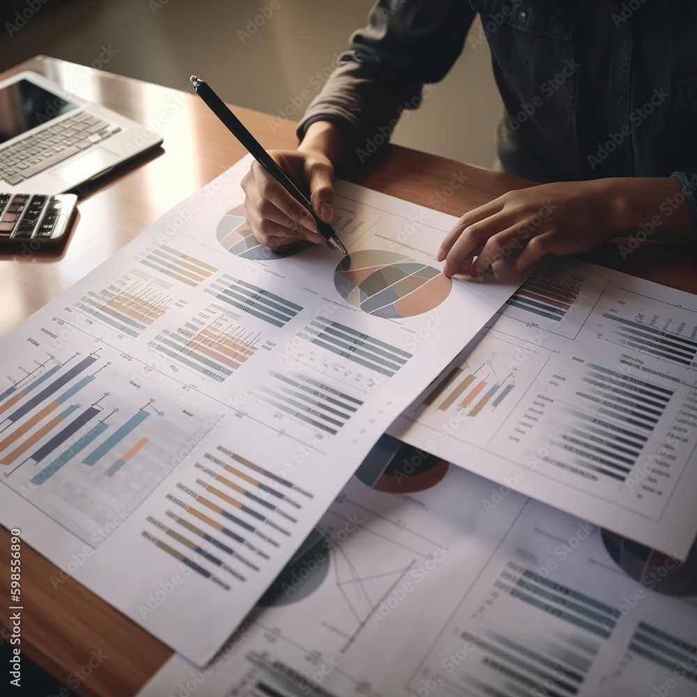 Poster business person analyzing financial figures, analyse and discuss and brainstorming the financial rep