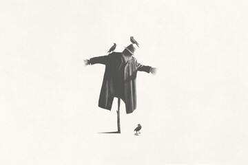 Illustration of scary scarecrow, minimal surreal black and white concept
