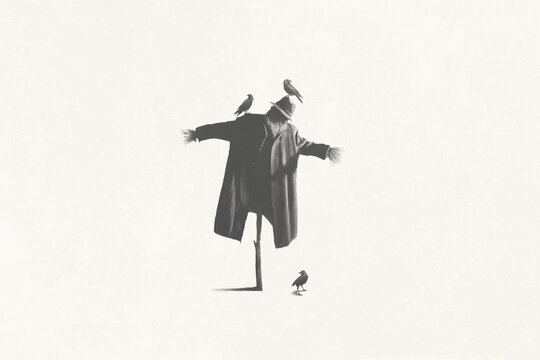 Illustration of scary scarecrow, minimal surreal black and white concept