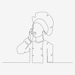 One line continuous design of kid chef showing food delicacy. Cute cooking art character. Minimalist style vector illustration on white background.