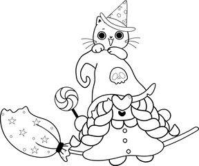 Cute Halloween witch faceless gnome cartoon doodle outline for colouring stamp hand drawing