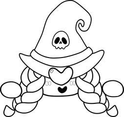 Cute Halloween witch faceless gnome cartoon doodle outline for colouring stamp hand drawing