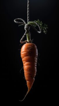 Isolated Carrot on a rope. A Visual Representation of the Carrot and Stick Approach. Generative AI