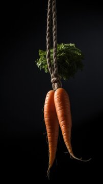Isolated Carrot on a rope. A Visual Representation of the Carrot and Stick Approach. Generative AI