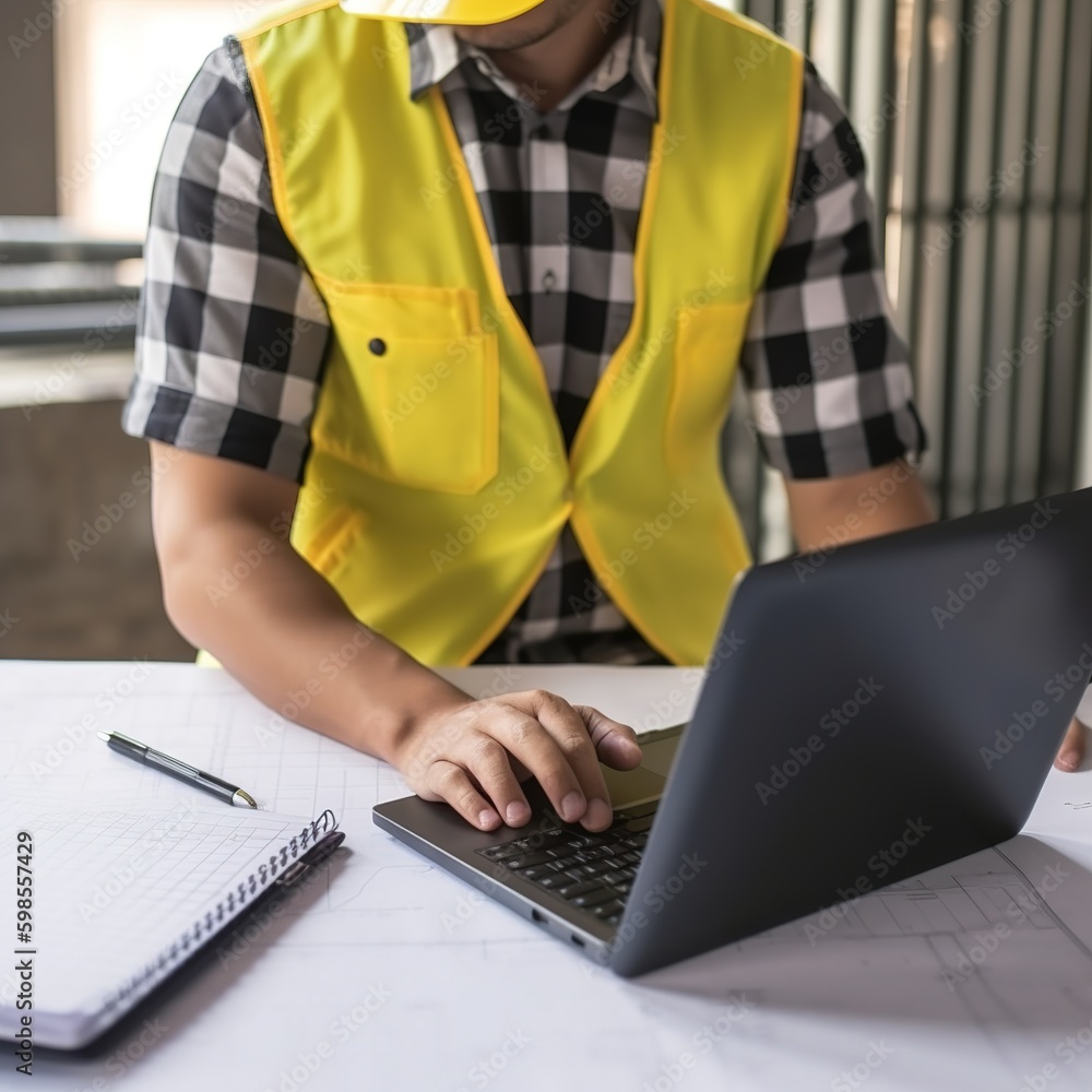 Poster hand engineer using laptop to planning project schedule, engineering and construction concept. gener