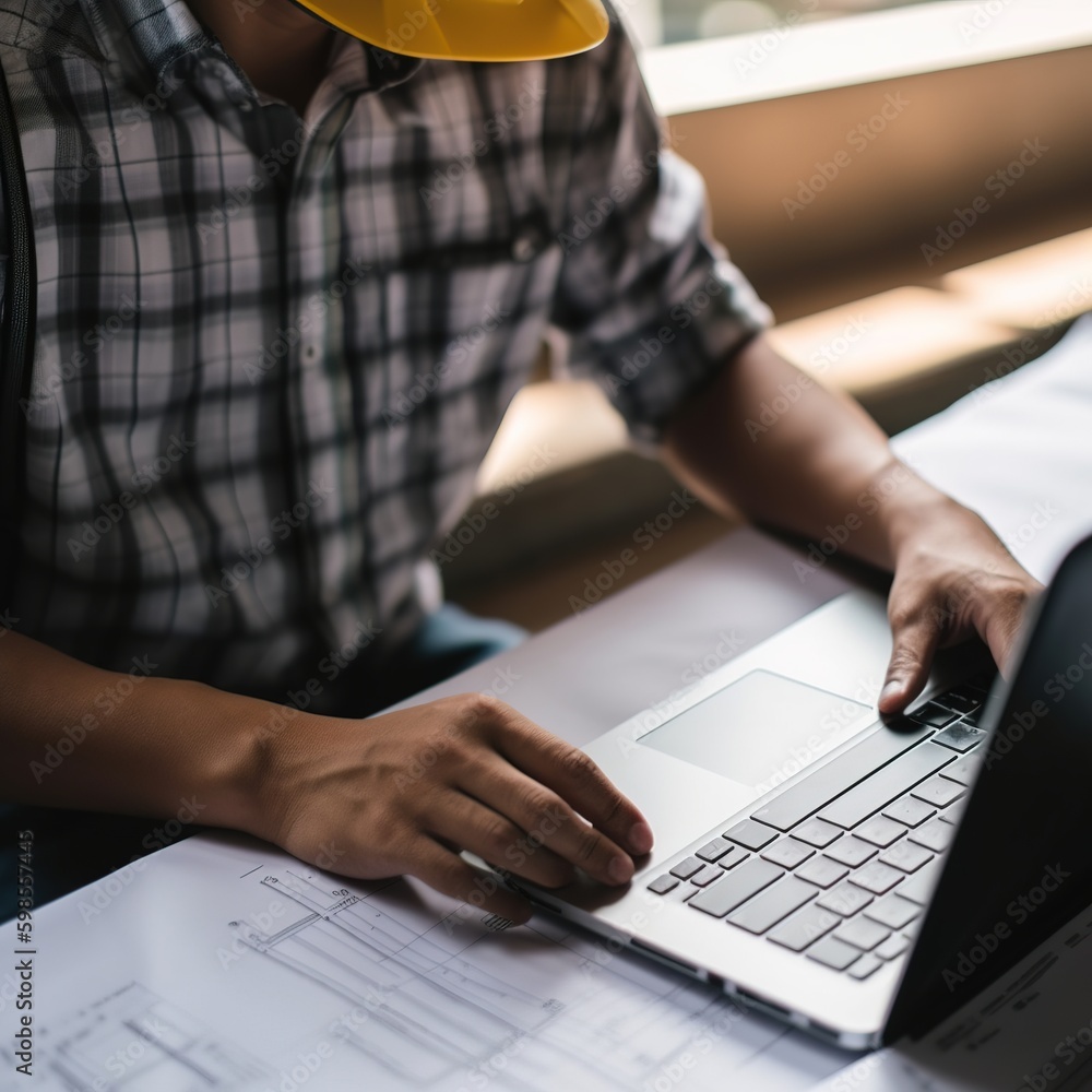 Poster engineering and construction concept, hand engineer using laptop to design project timetable. genera