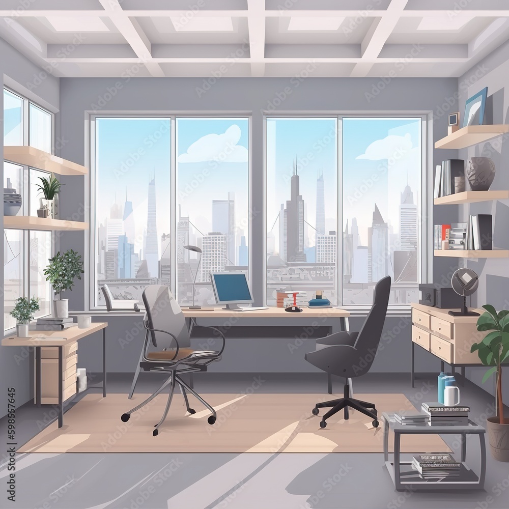 Poster Modern meeting room office interior with window and city view, bookcase, lamps, wooden flooring, furniture. generative ai