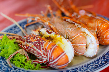 Steamed lobster seafood dish in restaurant