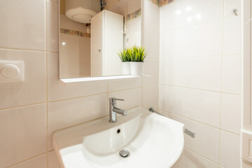 Home bathroom, bright new bathroom interior with tiled glass shower, vanity cabinet, white designed interior