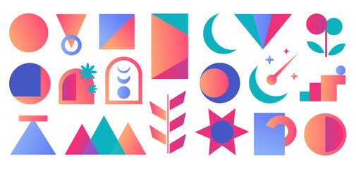 Collection of abstract gradient shapes and geometrical objects, decorative art, design elements.