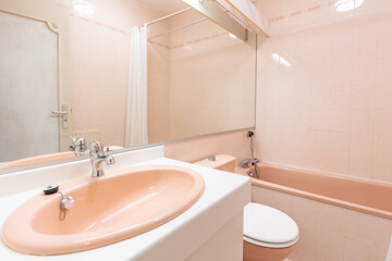 Home bathroom, bright new bathroom interior with tiled glass shower, vanity cabinet, interior designed with white and pink