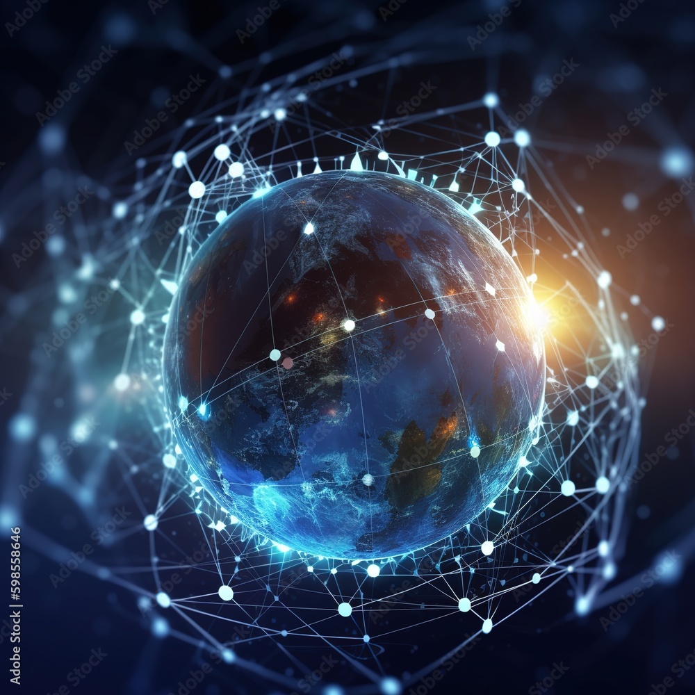 Poster world map and binary code.map of the planet. world map. global social network. future. blue futurist