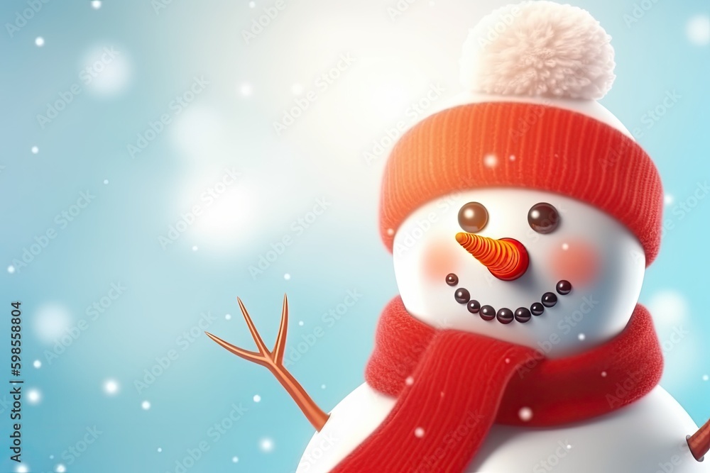 Aufkleber friendly snowman with a red hat and scarf in a snowy landscape. generative ai generative ai