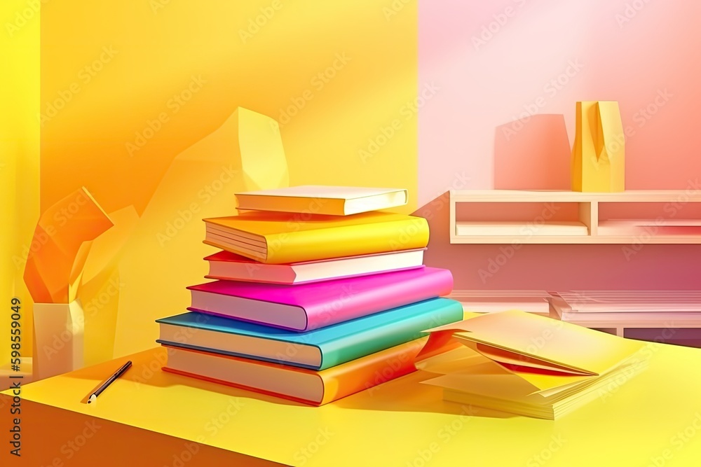 Poster stack of books on a wooden table with a cup of coffee and reading glasses. generative ai generative 