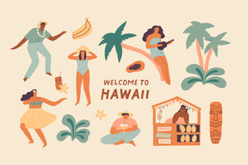 Tropical vacation tourism illustrations set with people in the beach. Hawaiian culture graphic collection. Vector illustration Generative AI - 598559007