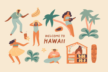 Tropical vacation tourism illustrations set with people in the beach. Hawaiian culture graphic collection. Vector illustration Generative AI