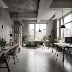 Interior design of a minimalist concrete coworking workspace. generative ai