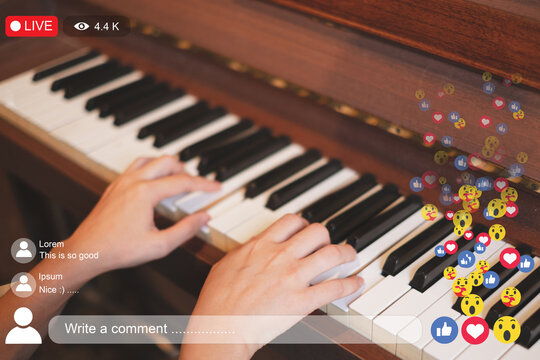 A professional Musical teacher is teaching online piano class. Concept of Live streaming coaching, tutor, Home lesson, How to play piano. Using social media to make an online course, Study application - Powered by Adobe