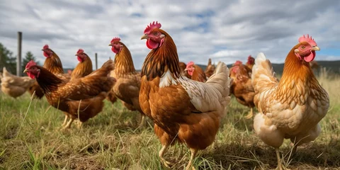 Zelfklevend Fotobehang Flock of Chickens foraging in Regenerative pasture © liliya