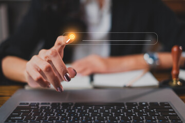 Hand pointing at search button on screen or destop. Concept of search information and data, Browser, network website, internet researching. Virtual, wireless, search keyword device hologram.Cyberspace