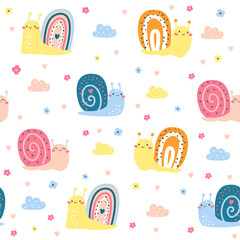 Children's seamless vector pattern. Cute cheerful snails, daisies and clouds.  Generative AI