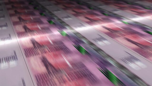 Uganda shilling money sheet printing. UGX banknotes loop print. Seamless and looped background concept of finance, economy crisis, inflation and business.