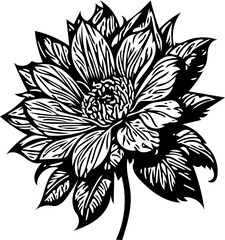Vector illustration of a flower with leaves in black and white 