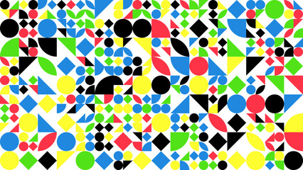 Colourfu geometric mosaic seamless pattern illustration with creative abstract shapes. Modern style background print. Trendy bright symbols and minimalist shape texture, geometry collage. Vector