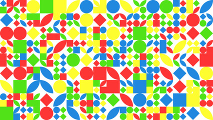 Colourfu geometric mosaic seamless pattern illustration with creative abstract shapes. Modern style background print. Trendy bright symbols and minimalist shape texture, geometry collage. Vector