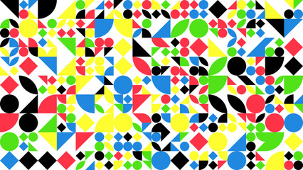 Colourfu geometric mosaic seamless pattern illustration with creative abstract shapes. Modern style background print. Trendy bright symbols and minimalist shape texture, geometry collage. Vector