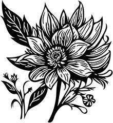 Vector illustration of a flower with leaves in black and white 