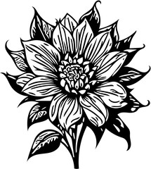 Vector illustration of a flower with leaves in black and white 