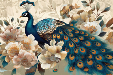 Elegant and Leather Base Combined Seamless Floral on Exotic Oriental Flowers with Peacock illustration Background. 3D Abstraction Wallpaper for Suitable Interior Mural Painting Wall Art, generative AI