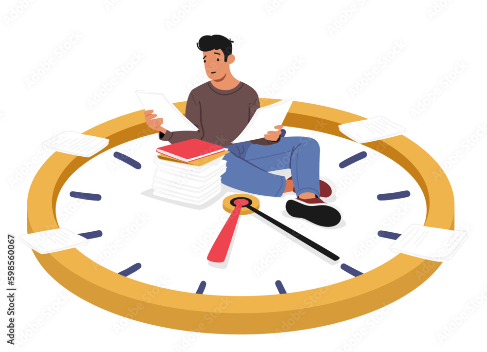 Poster man sitting on large watch surrounded by scattered papers and documents. concept of time management 