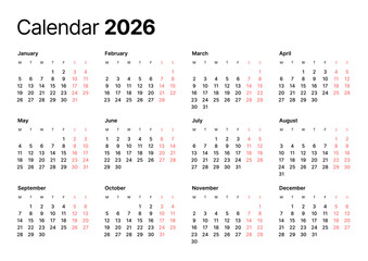 Annual calendar template for 2026 year. Week Starts on Monday. Business calendar in a minimalist style for 2026 year. Generative AI
