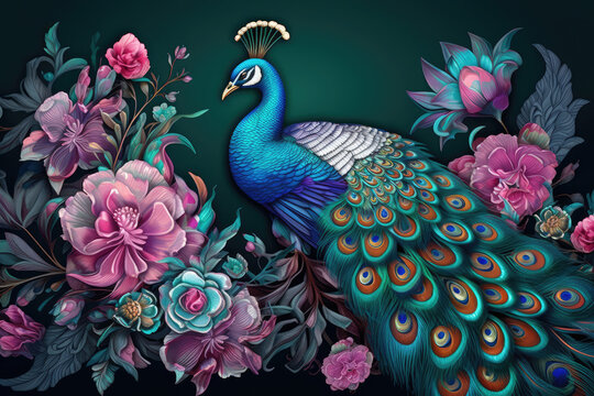 Elegant and Leather Base Combined Seamless Floral on Exotic Oriental Flowers with Peacock illustration Background. 3D Abstraction Wallpaper for Suitable Interior Mural Painting Wall Art, generative AI