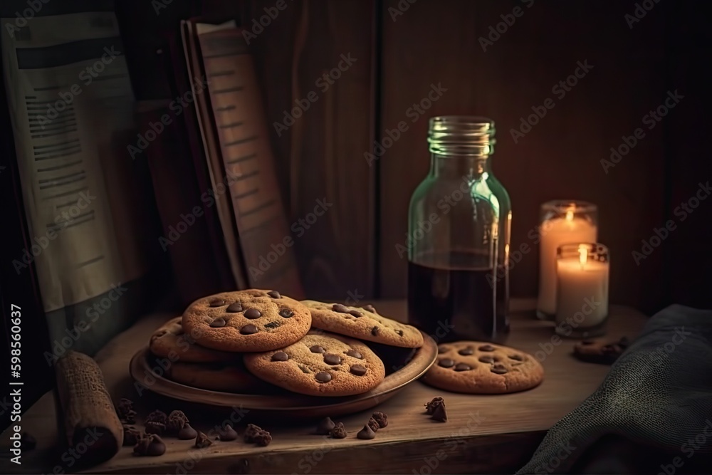 Poster freshly baked batch of chocolate chip cookies on a wooden table. generative ai generative ai