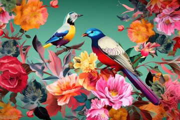 Obraz na płótnie Canvas Exotic oriental with wildlife and flowers in multicolor. 3d interior mural illustration wallpaper. Birds and animals wildlife with bright color exotic flower patterns background, generative AI