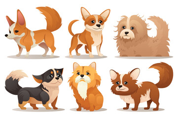 Dogs set. A flat and cartoonish set of design dogs and puppies on a white background. Vector illustration.