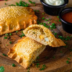 Homemade chicken empanadas torn in half with different sauces, typical latin dish