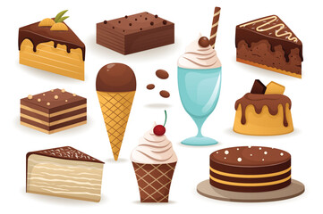Cakes set. A flat, cartoon-style, designed set of various delicious and colorful cakes, perfect for adding sweetness to any project. Vector illustration.