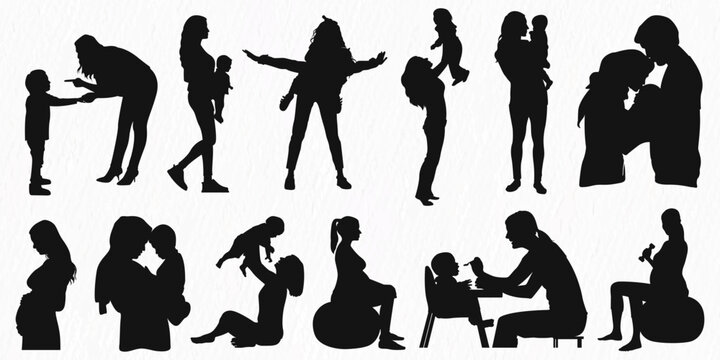 Happy Mothers' day. Silhouette of pregnant woman and women with child vector illustration 