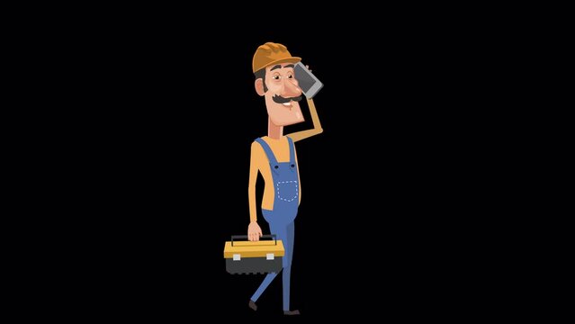 Cartoon foreman worker in helmet character with tool box walking and talking on phone with alpha channel
